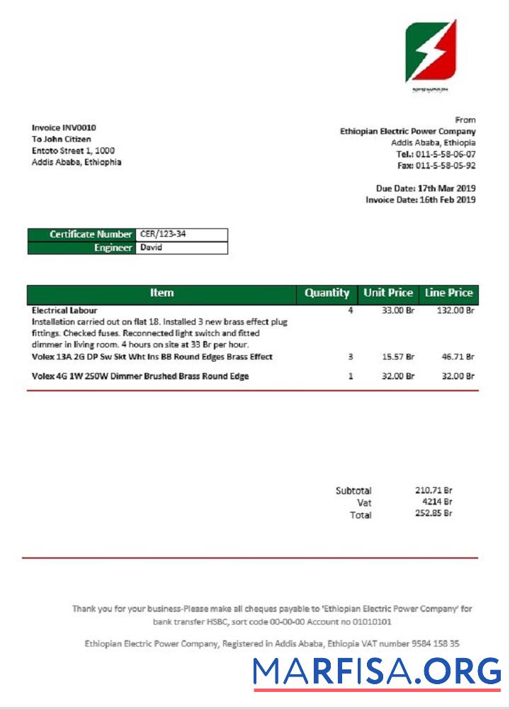 Blank Ethiopia Ethiopian Electric Power Company electricity utility bill example